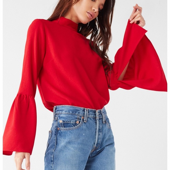 Uo Mockneck Bell Sleeve Blouse Red 